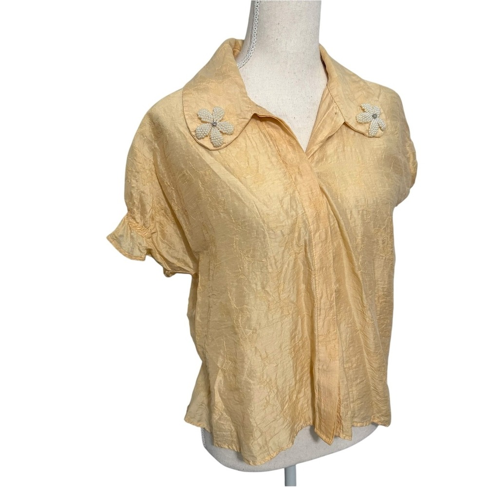 DREAM‎ Sister Jane Yellow Pearl Flower Embellished Blouse Puff Sleeve Medium